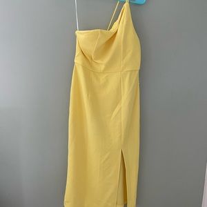 Hello Molly one shoulder spaghetti strap midi dress.